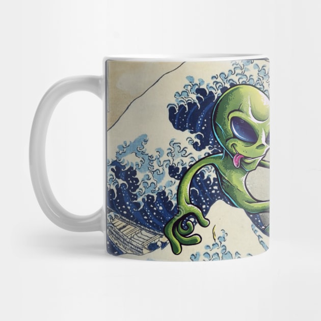 Alien surfing the Great Wave Off Kanagawa. Martian surfer. by Teessential